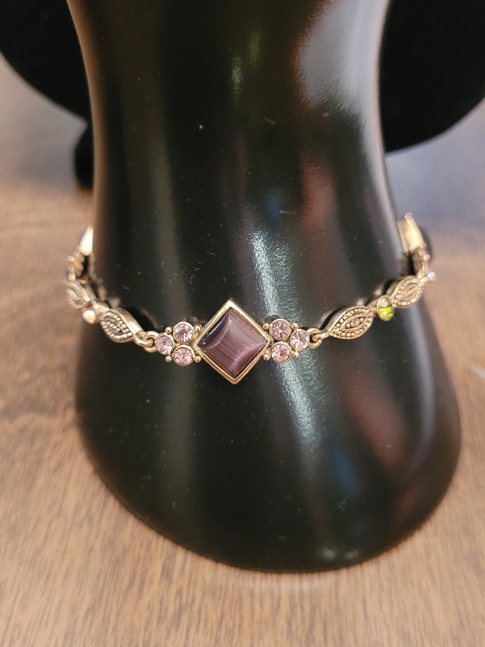 Vintage Inspired Gold-Tone Purple, Pink & Green Stone Link Bracelet